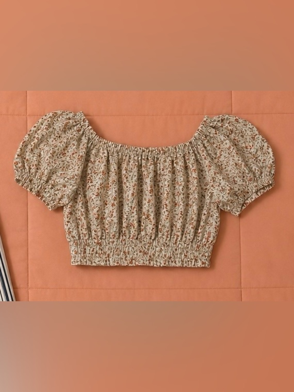 Floral Smocked Off-Shoulder Crop Top in Beige